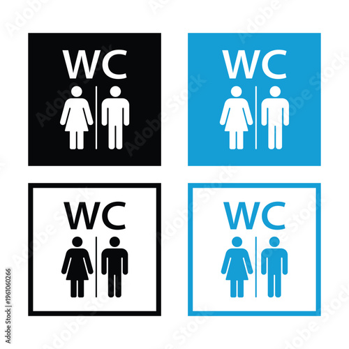 A set of restroom signs, featuring pictograms for men and women alongside the initials WC.