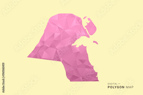 Kuwait Map - Low poly polygon map design in soft pink pastel gradient on beige background, modern minimal geometric style, clean digital vector illustration.