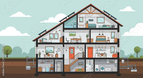 Modern Eco-Friendly House Cross-Section Illustration with Interior Rooms, Solar Panels, and Infrastructure Systems