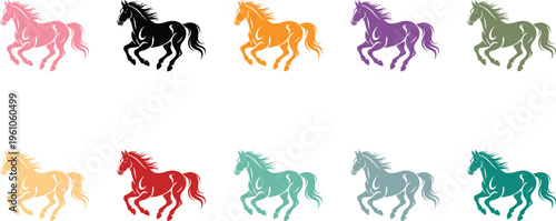 Colorful Running Horse Silhouette Set on White Background, Bright and Pastel Horse Silhouettes Collection Isolated on White