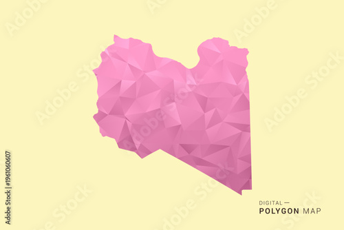 Libya Map - Low poly polygon map design in soft pink pastel gradient on beige background, modern minimal geometric style, clean digital vector illustration.
