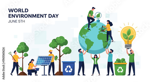 Sustainable Future Concept for World Environment Day on June 5th featuring People Planting Trees, Recycling, and Solar Energy for Eco-Friendly Living