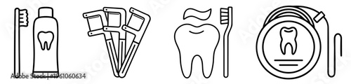 Dental Care Line Icon Set, Toothbrush and Toothpaste Tube, Floss Picks, Tooth with Toothpaste and Brush, Dental Floss Container for Oral Hygiene Cleaning Routine