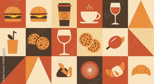 Retro Style Food and Beverage Icon Grid Pattern, Mid-Century Modern Restaurant Menu Background with Burger, Coffee, and Wine Icons