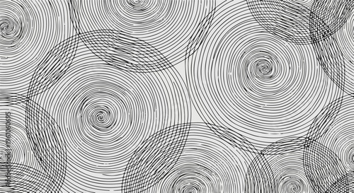 Repeating black spiral and intersecting line patterns on a light gray background
