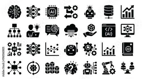 Collection of artificial intelligence and machine learning icons representing data analysis technology and automation concepts