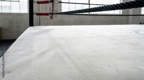 An empty boxing ring, showcasing the ropes and canvas with a hint of industrial background.