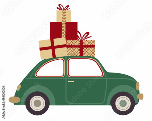 A green vintage car overloaded with cheerfully wrapped gifts