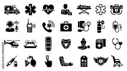 Collection of medical emergency and healthcare icons representing ambulance, first aid, life support, and medical equipment for emergency services and healthcare concepts