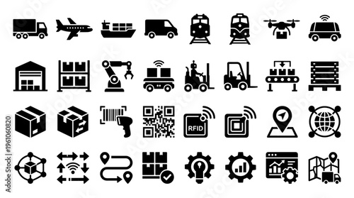 Logistics and Supply Chain Icons Set: Transportation, Warehousing, Delivery, and Technology for Global Distribution