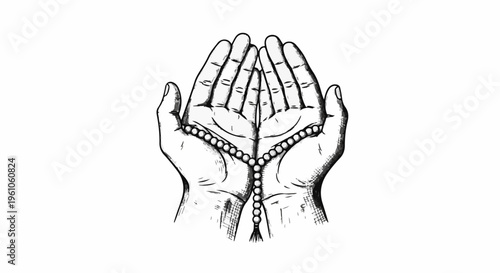 Praying hands holding a string of prayer beads