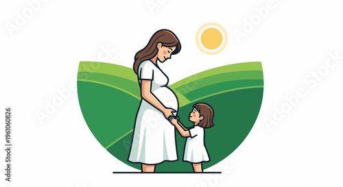 Pregnant woman and child in green hilly landscape under sun