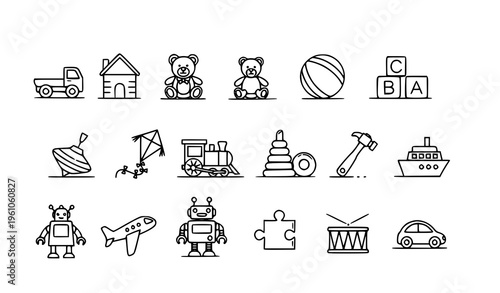 Modern children toy line icons collection with doll teddy car puzzle and educational play objects vector
