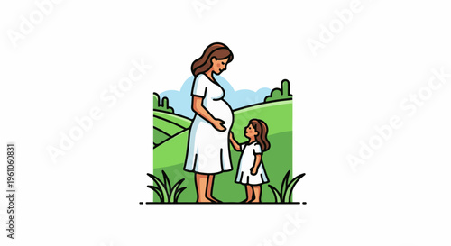 Pregnant woman and young girl in a green landscape, blue sky