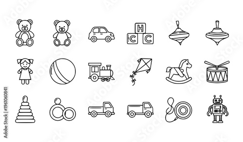 Children toys outline icons set with teddy car doll puzzle and educational play objects vector minimal design