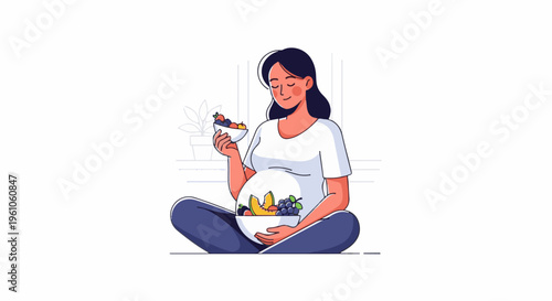 Pregnant woman cross-legged, eating healthy fruit from bowls