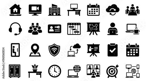 Collection of modern flat icons representing business office and technology concepts for digital design and web applications