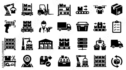 Modern logistics and supply chain icons representing warehousing, delivery, automation, and technology in a clean black and white graphic.