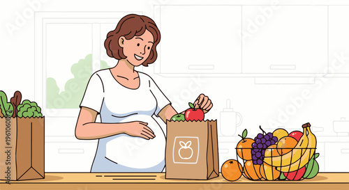 Pregnant woman packing groceries in a kitchen with fresh produce