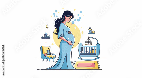 Pregnant woman touches her belly, with nursery items