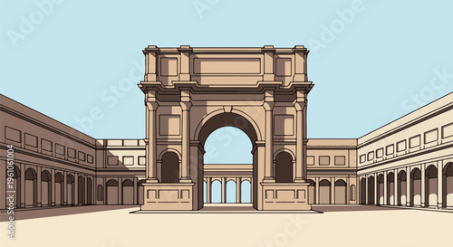 Pixelated courtyard featuring a grand archway and symmetrical colonnades