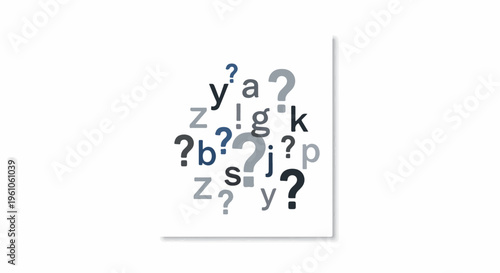 Random letters and question marks scattered in a playful, abstract composition