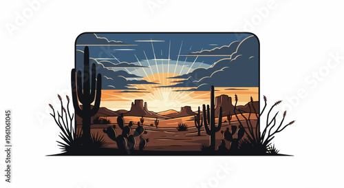 Pixelated desert sunset with saguaro and prickly pear cacti silhouettes