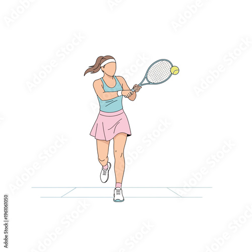 Woman playing tennis, hitting the ball with racket on court, dynamic action shot