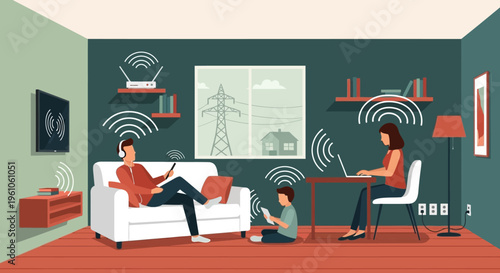 Conceptual Illustration of a Modern Family in a Living Room Surrounded by EMF Radiation and Wi-Fi Signals from Digital Devices