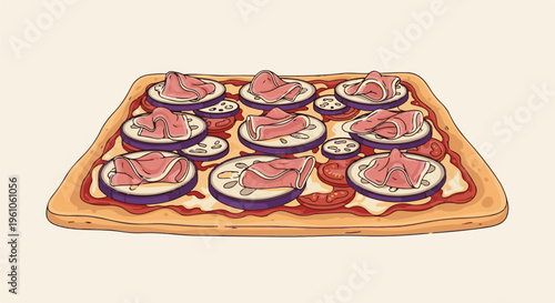 Rectangular pizza with thin slices of eggplant and folded deli meat toppings