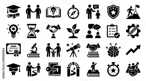 Collection of business and education icons representing success growth teamwork innovation and strategy concepts on a white background
