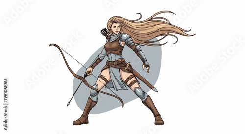 Pixelated fantasy warrior woman with long hair and bow
