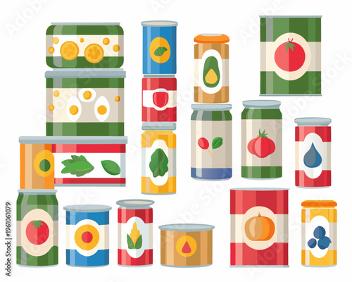 Colorful assortment of canned goods and preserves in a flat lay style