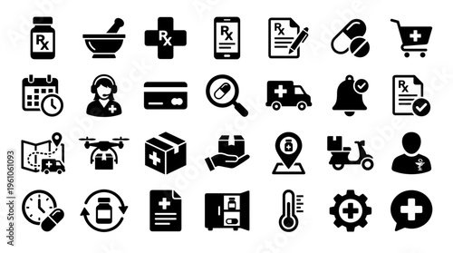 Pharmacy and healthcare icons set for medicine delivery and online services concept