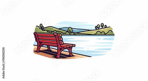 Red park bench overlooks serene lake with rolling green hills and trees