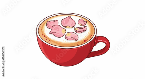 Red mug with creamy beverage topped with pink flower petals and foam