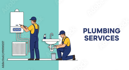Professional Plumbing Services Vector Illustration with Plumbers Repairing Boiler, Radiator, and Sink