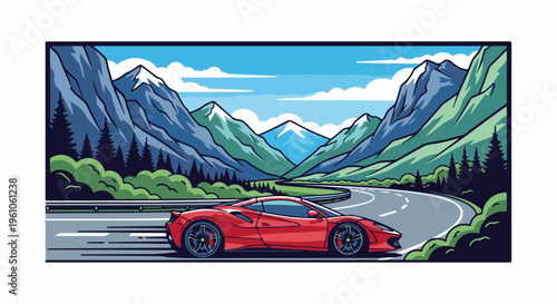 Red sports car speeds on a winding mountain road under a blue sky