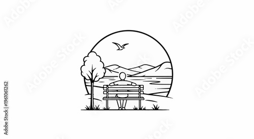 Person sits on a bench looking at a lake and mountains under a bird
