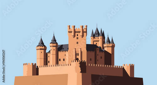 Pixelated medieval fortress with crenellated walls and pointed towers under a clear sky
