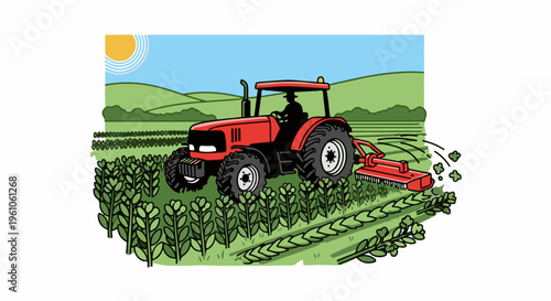 Red tractor cultivates a field under a sunny sky with green hills