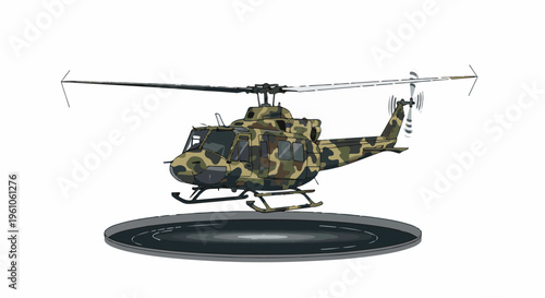 Pixelated military helicopter with camouflage pattern hovers above a circular landing pad