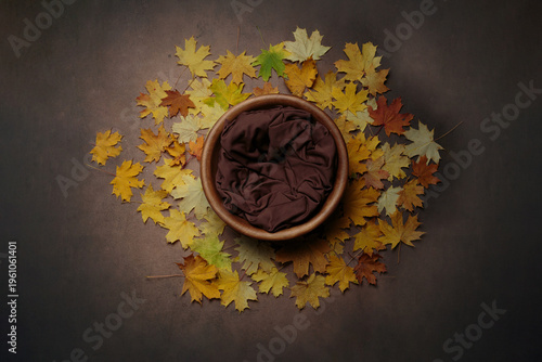 Empty Wooden Bowl with Brown Fabric on Autumn Maple Leaves