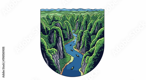 Pixelated river winds through lush, green karst mountains under a wavy sky