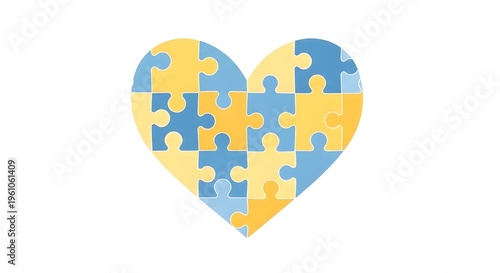 Conceptual heart formed by interlocking blue and yellow puzzle pieces, symbolizing understanding, support, and awareness for diverse thoughts and connections