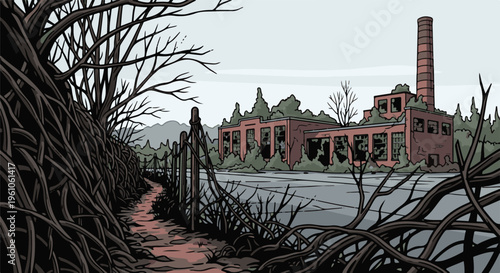Overgrown path leads to a crumbling brick factory with a tall smokestack