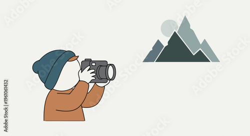 Person wearing a beanie takes a photo of stylized mountains with a sun