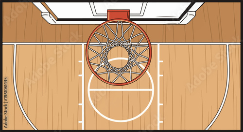 Overhead view of a basketball hoop and court, depicted in a stylized, illustrated manner