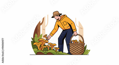 Person wearing a hat and yellow jacket picking mushrooms in a forest