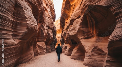 A person walking through a narrow canyon with tall red rock formations